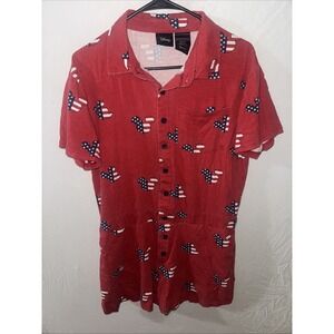 Disney Red Mickey Mouse Romper Button Up Unisex Sz S Patriotic USA
